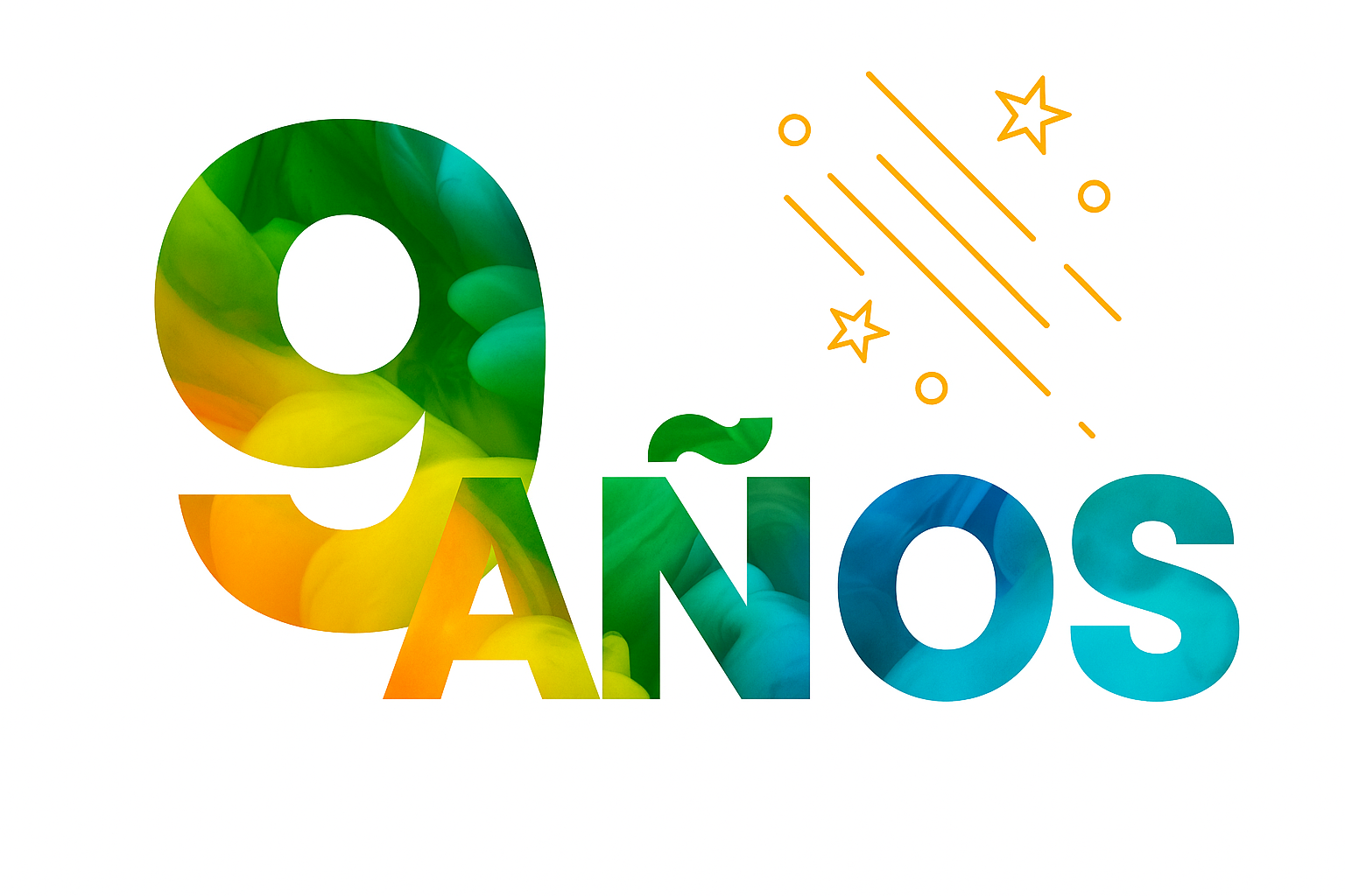 Celebración de 9 años de AXON Empresarial con colores verde, naranja y azul, conmemorando trayectoria en capacitación y desarrollo organizacional en México.